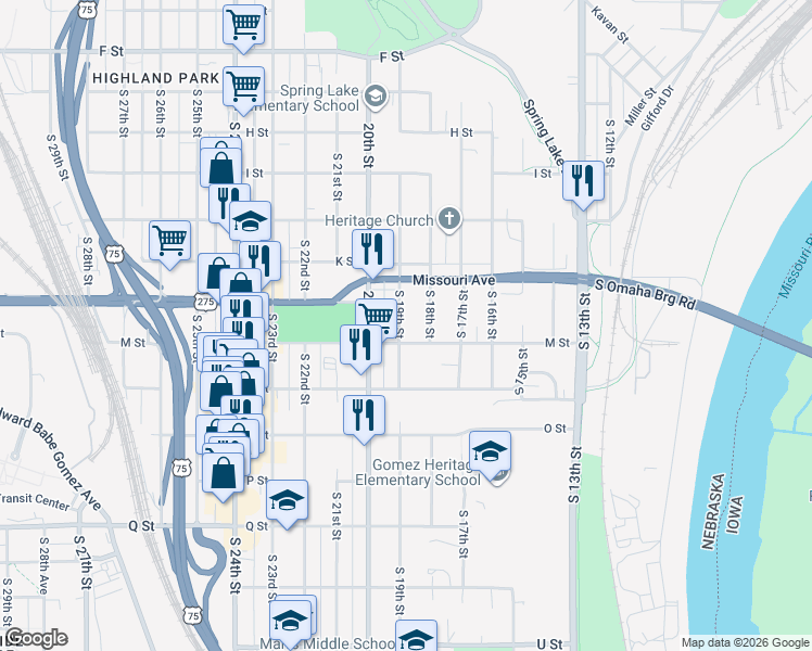 map of restaurants, bars, coffee shops, grocery stores, and more near 1813 M Street in Omaha