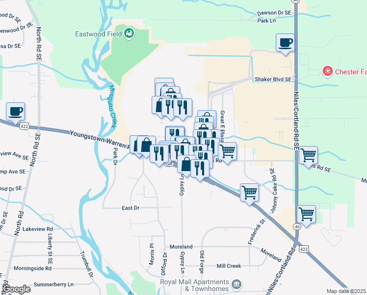 map of restaurants, bars, coffee shops, grocery stores, and more near 5555 Youngstown Warren Road in Warren
