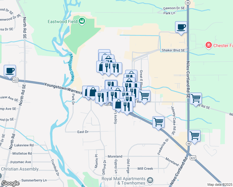 map of restaurants, bars, coffee shops, grocery stores, and more near 5555 Youngstown Warren Road in Warren