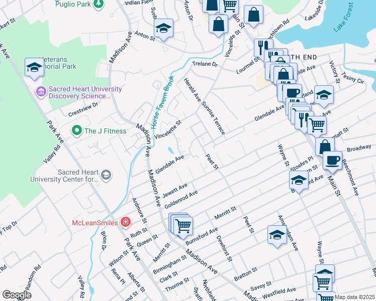 map of restaurants, bars, coffee shops, grocery stores, and more near 500 Glendale Avenue in Bridgeport