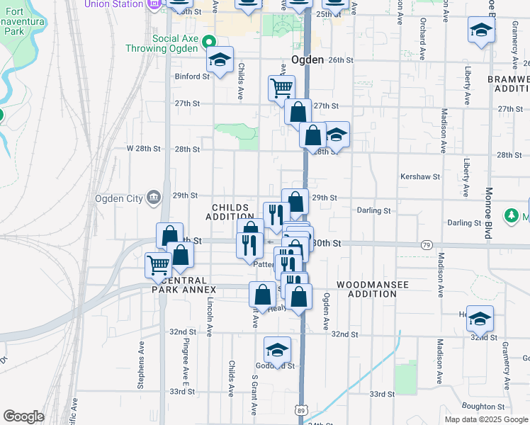 map of restaurants, bars, coffee shops, grocery stores, and more near 2953 Grant Avenue in Ogden