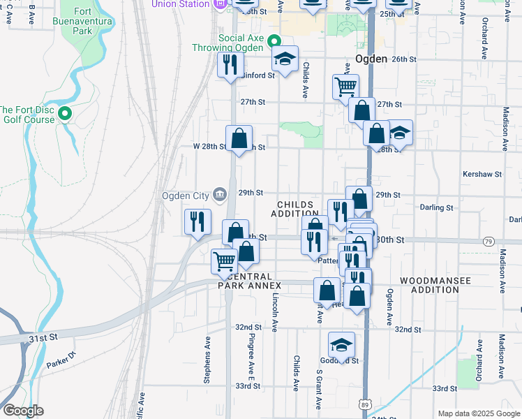 map of restaurants, bars, coffee shops, grocery stores, and more near 2963 Pingree Avenue East in Ogden