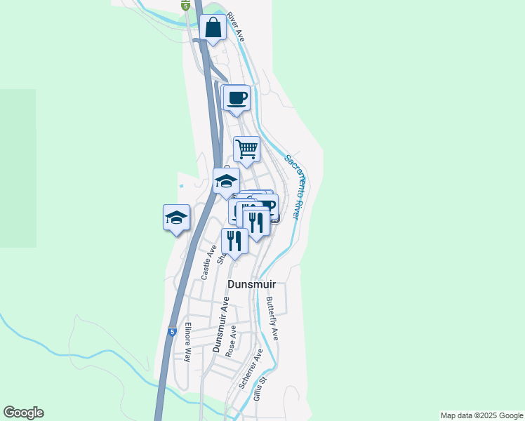 map of restaurants, bars, coffee shops, grocery stores, and more near 5749 Sacramento Avenue in Dunsmuir