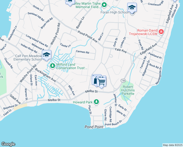 map of restaurants, bars, coffee shops, grocery stores, and more near 153 Platt Street in Milford