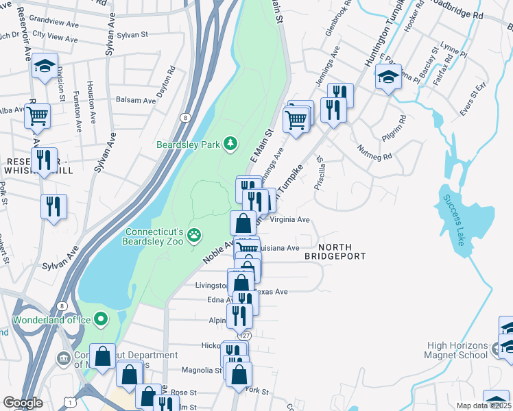 map of restaurants, bars, coffee shops, grocery stores, and more near 70 Huntington Turnpike in Bridgeport