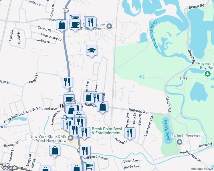 map of restaurants, bars, coffee shops, grocery stores, and more near 38 Benson Street in West Haverstraw