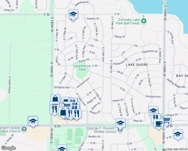 map of restaurants, bars, coffee shops, grocery stores, and more near 17456 Archer Circle in Omaha