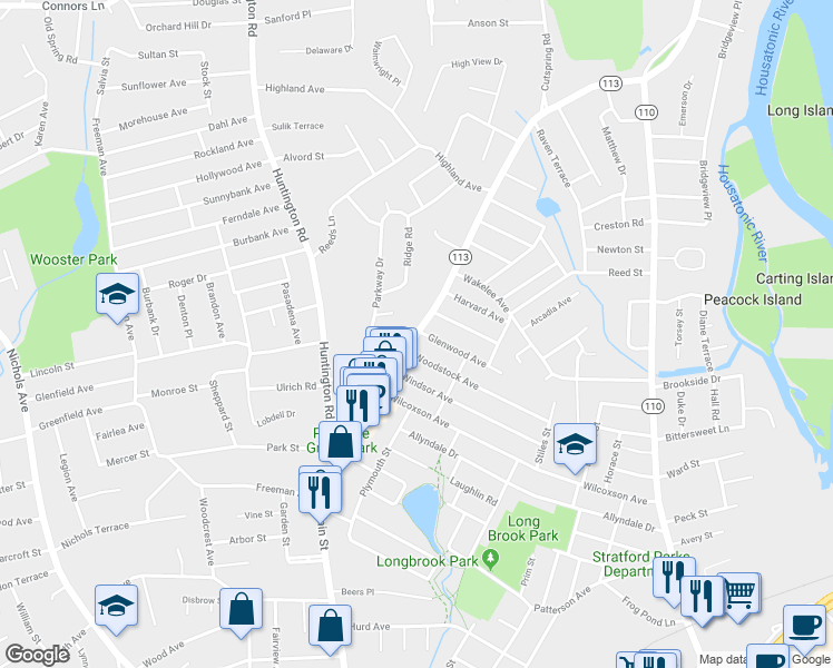 map of restaurants, bars, coffee shops, grocery stores, and more near 3810 Main Street in Stratford