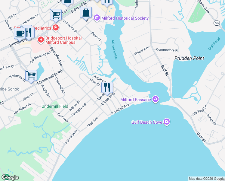 map of restaurants, bars, coffee shops, grocery stores, and more near 12 Elm Street in Milford