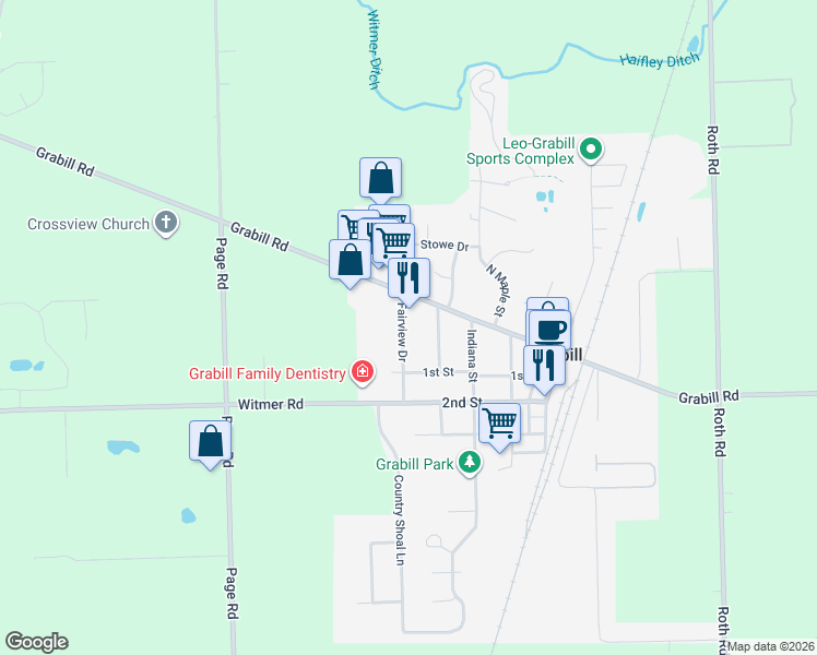 map of restaurants, bars, coffee shops, grocery stores, and more near 13525 Fairview Drive in Grabill