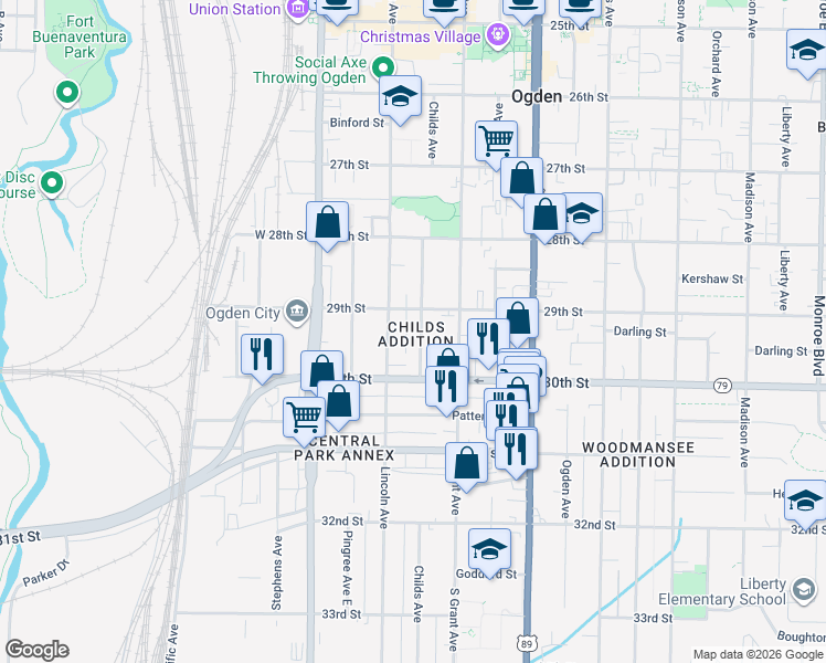 map of restaurants, bars, coffee shops, grocery stores, and more near 2958 Childs Avenue in Ogden