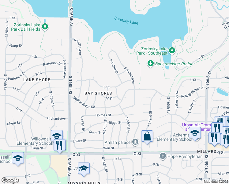 map of restaurants, bars, coffee shops, grocery stores, and more near 16315 M Street in Omaha