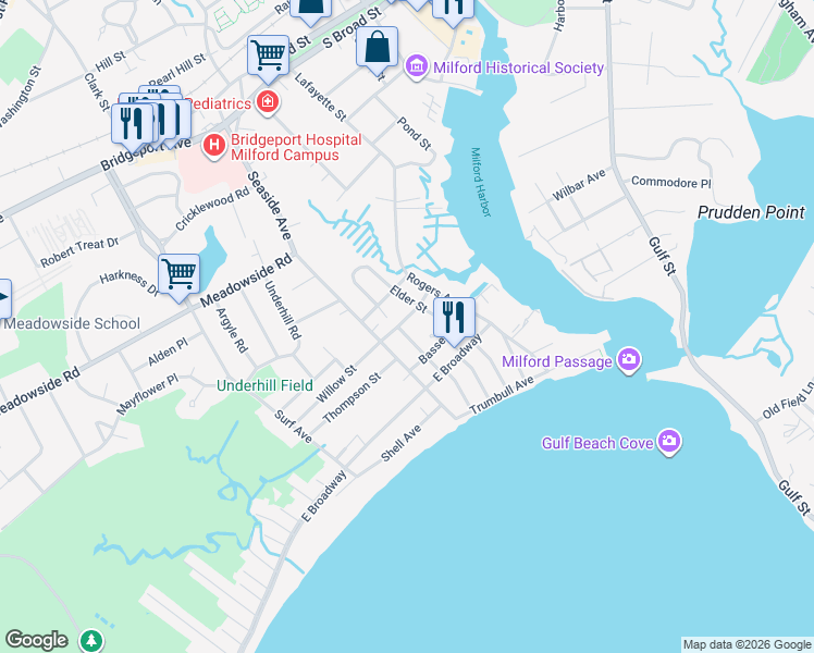 map of restaurants, bars, coffee shops, grocery stores, and more near 30 Charles Street in Milford