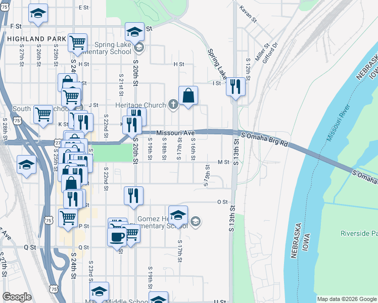 map of restaurants, bars, coffee shops, grocery stores, and more near 1601 M Street in Omaha