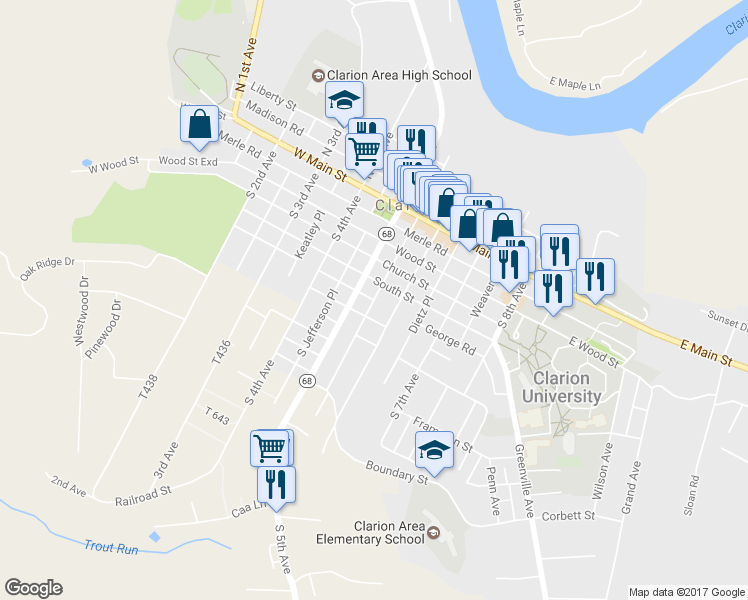 map of restaurants, bars, coffee shops, grocery stores, and more near George Road in Clarion