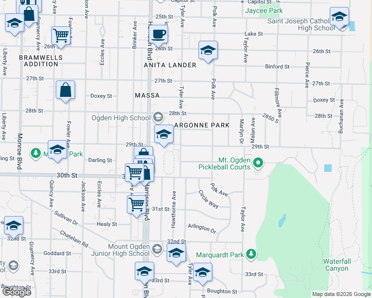 map of restaurants, bars, coffee shops, grocery stores, and more near 1311 29th Street in Ogden