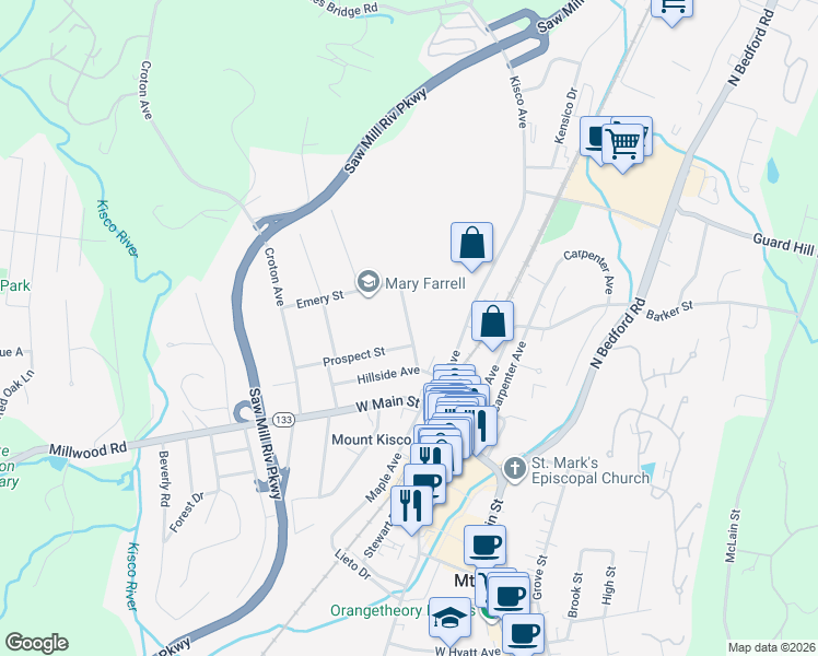map of restaurants, bars, coffee shops, grocery stores, and more near Mountain Avenue in Mount Kisco