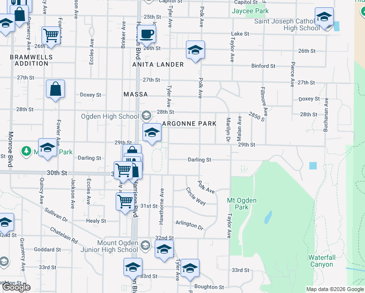map of restaurants, bars, coffee shops, grocery stores, and more near 1341 29th Street in Ogden
