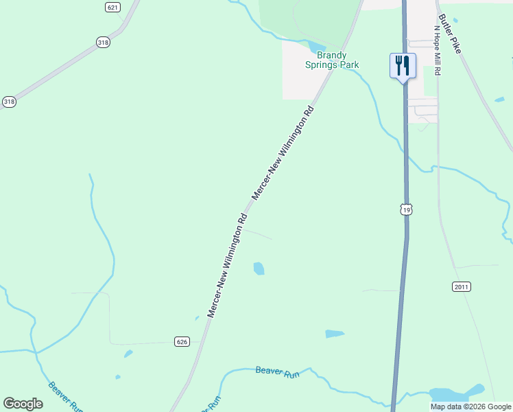 map of restaurants, bars, coffee shops, grocery stores, and more near 543 Mercer-New Wilmington Road in Mercer