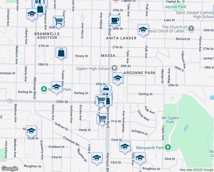 map of restaurants, bars, coffee shops, grocery stores, and more near 2871 Harrison Boulevard in Ogden