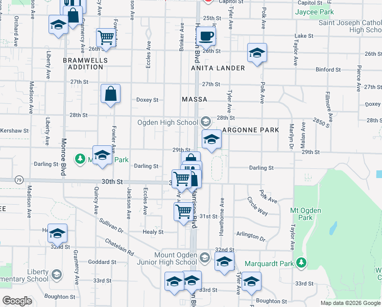 map of restaurants, bars, coffee shops, grocery stores, and more near 2870 Brinker Avenue in Ogden