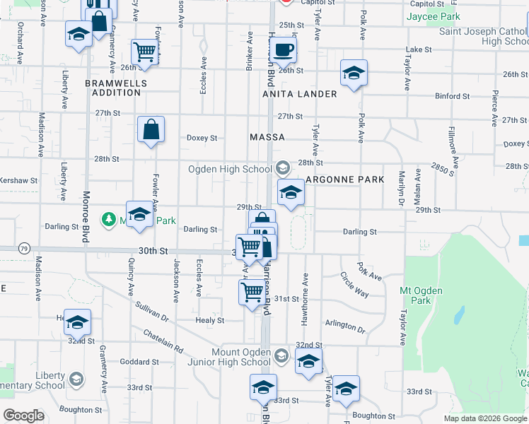 map of restaurants, bars, coffee shops, grocery stores, and more near 2871 Harrison Boulevard in Ogden