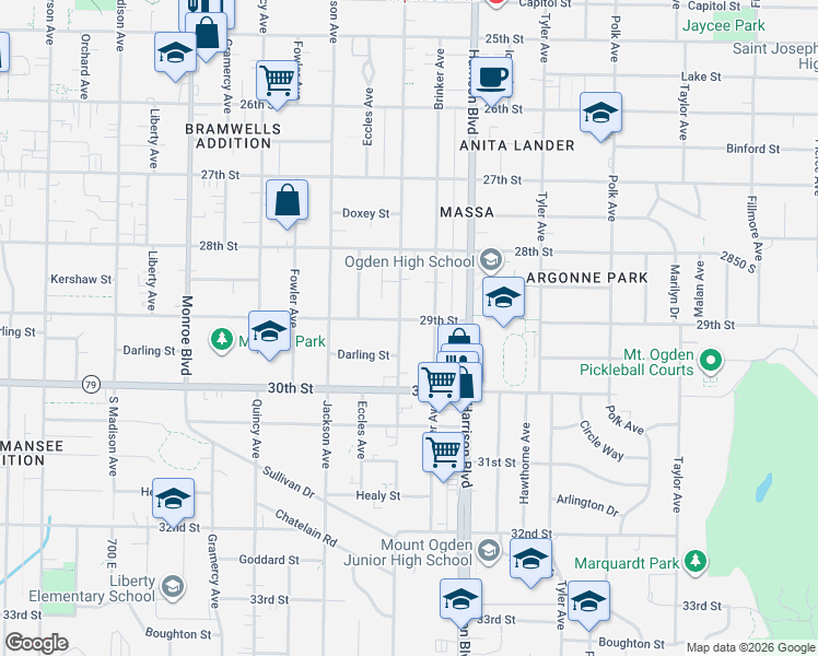 map of restaurants, bars, coffee shops, grocery stores, and more near 2872 Van Buren Ave in Ogden