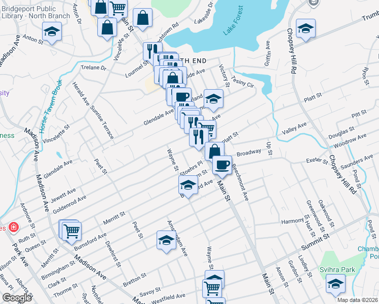map of restaurants, bars, coffee shops, grocery stores, and more near 53 Jewett Avenue in Bridgeport