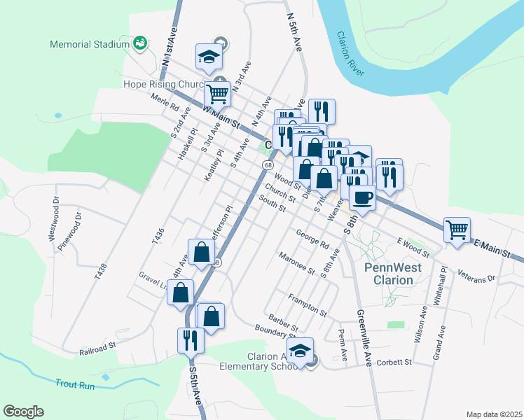 map of restaurants, bars, coffee shops, grocery stores, and more near 56-72 Center Place in Clarion