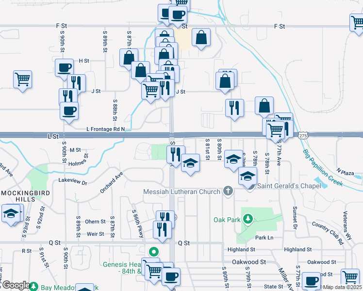 map of restaurants, bars, coffee shops, grocery stores, and more near 4743 South 83rd Street in Ralston