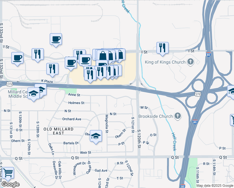map of restaurants, bars, coffee shops, grocery stores, and more near 12180 K Plaza in Omaha
