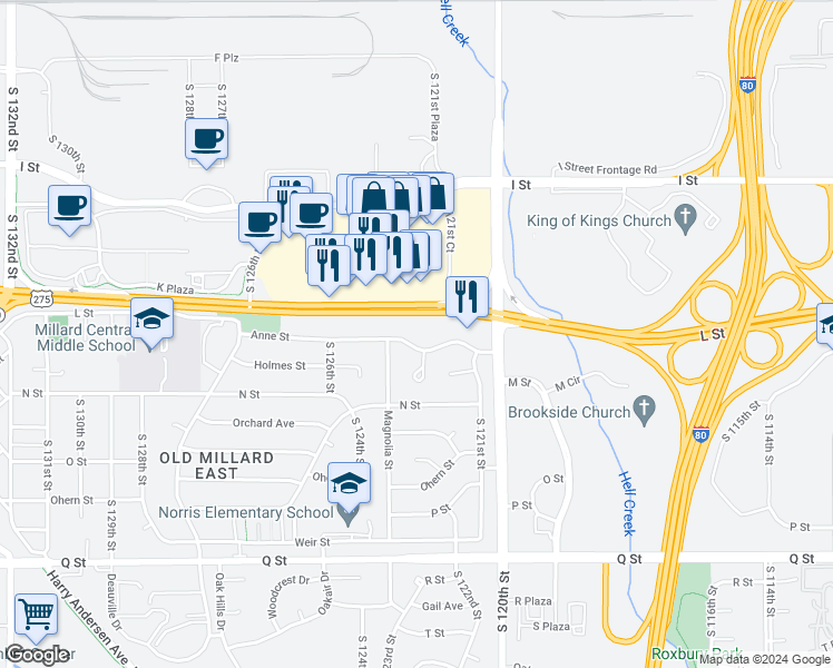 map of restaurants, bars, coffee shops, grocery stores, and more near 12180 K Plaza in Omaha