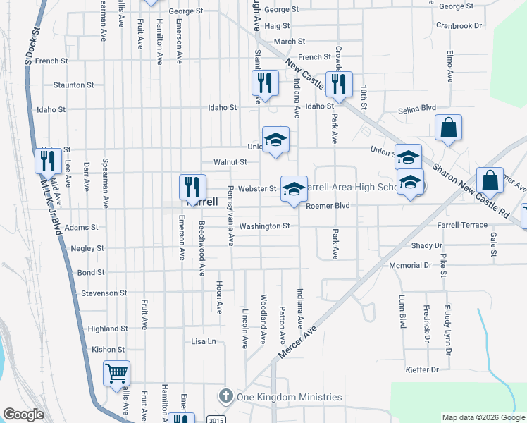 map of restaurants, bars, coffee shops, grocery stores, and more near 1201 Roemer Boulevard in Farrell