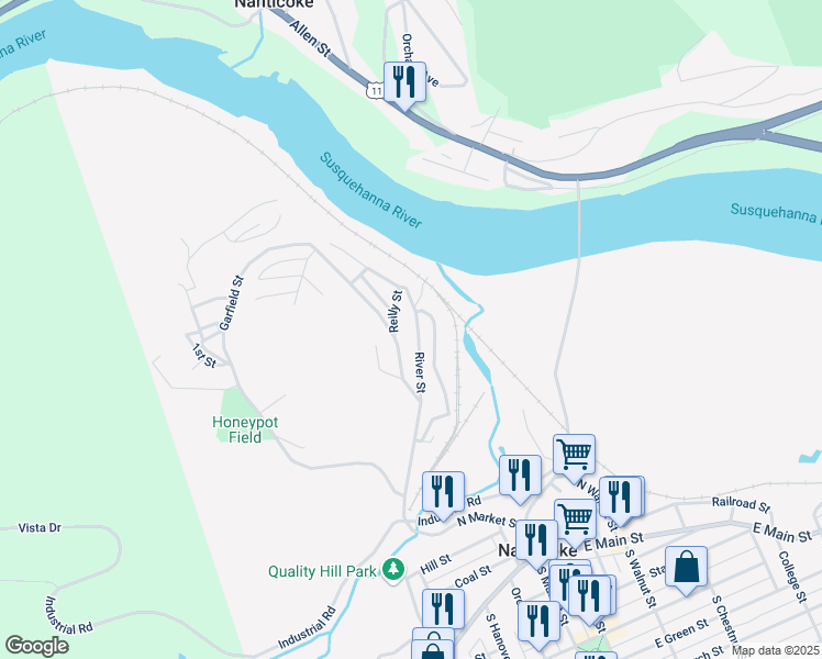 map of restaurants, bars, coffee shops, grocery stores, and more near 214 River St in Nanticoke
