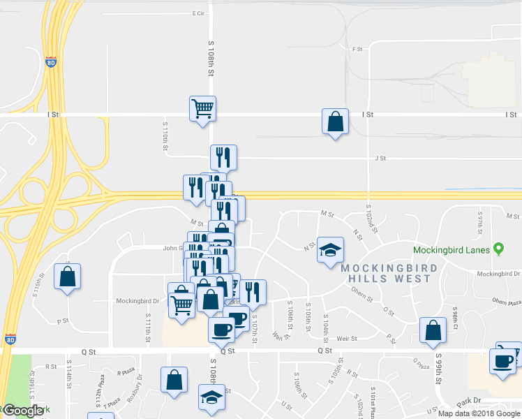 map of restaurants, bars, coffee shops, grocery stores, and more near 10708 M Street in Omaha