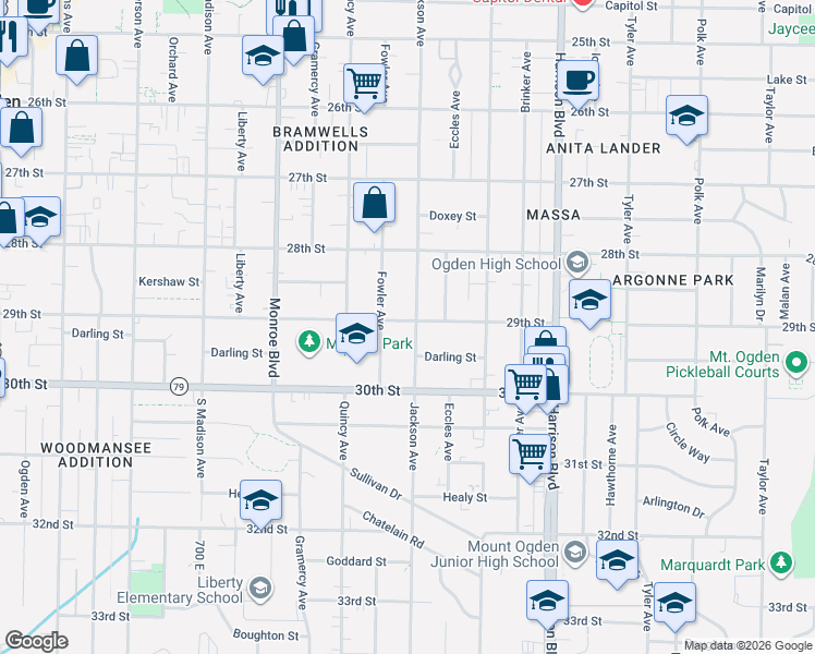 map of restaurants, bars, coffee shops, grocery stores, and more near 983 29th Street in Ogden