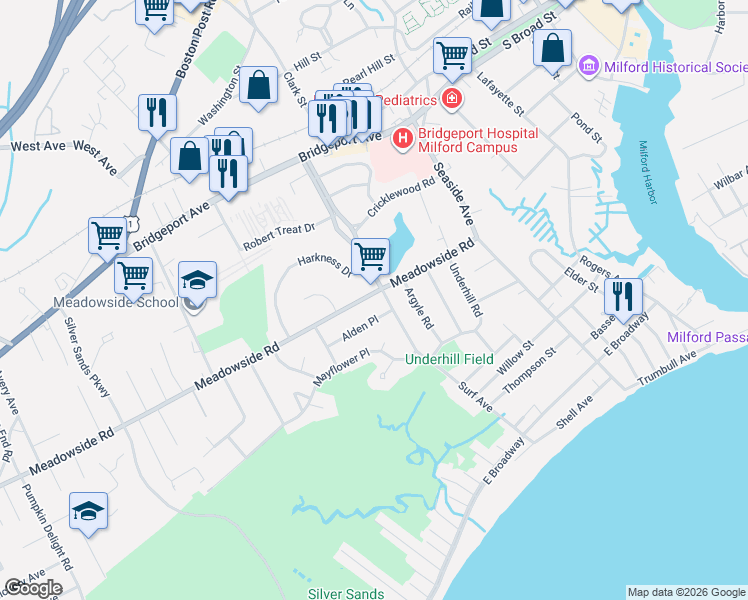 map of restaurants, bars, coffee shops, grocery stores, and more near 107 Meadowside Road in Milford