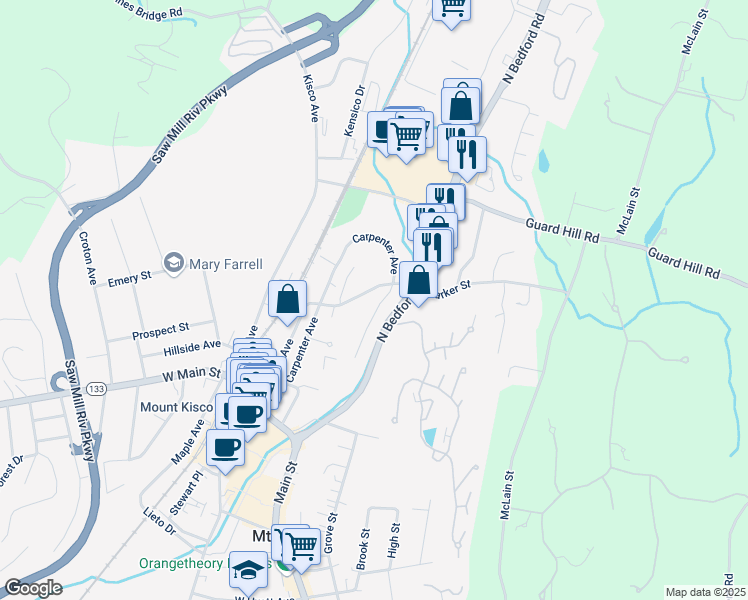 map of restaurants, bars, coffee shops, grocery stores, and more near 70 Barker Street in Mount Kisco