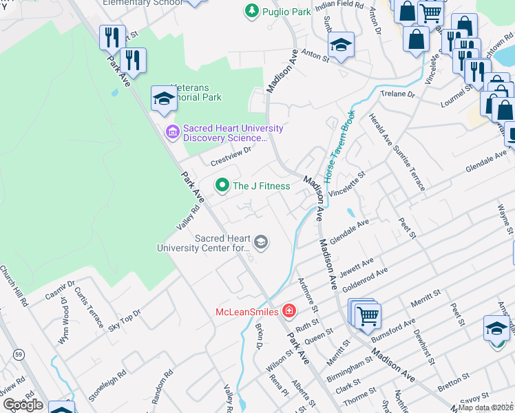 map of restaurants, bars, coffee shops, grocery stores, and more near 68 Janet Circle in Bridgeport
