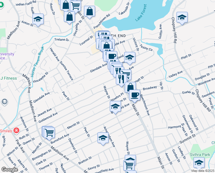 map of restaurants, bars, coffee shops, grocery stores, and more near 53 Jewett Avenue in Bridgeport
