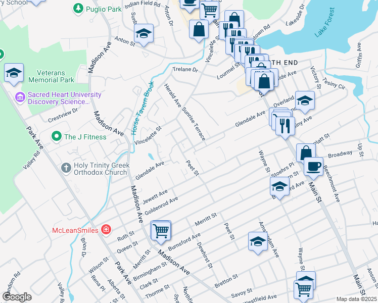 map of restaurants, bars, coffee shops, grocery stores, and more near 87 Primrose Avenue in Bridgeport