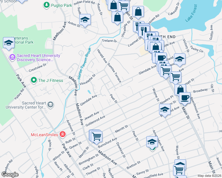 map of restaurants, bars, coffee shops, grocery stores, and more near 87 Primrose Avenue in Bridgeport