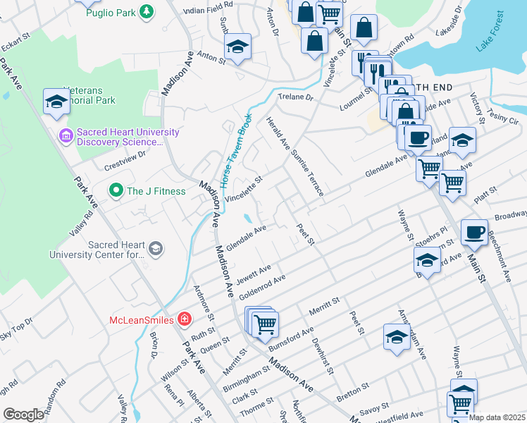 map of restaurants, bars, coffee shops, grocery stores, and more near 99 Marconi Avenue in Bridgeport