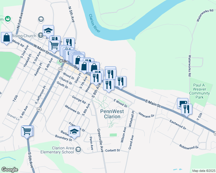 map of restaurants, bars, coffee shops, grocery stores, and more near 801-821 Madison Rd in Clarion