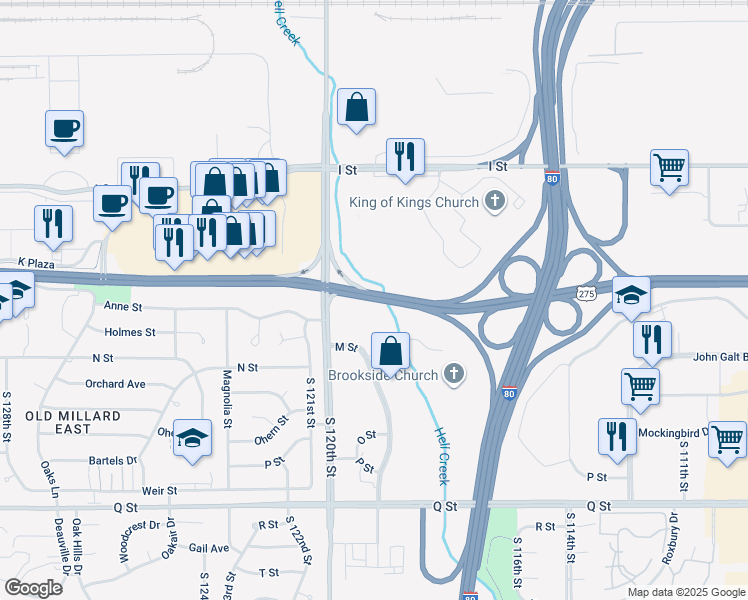 map of restaurants, bars, coffee shops, grocery stores, and more near 11800-11998 L Street in Omaha