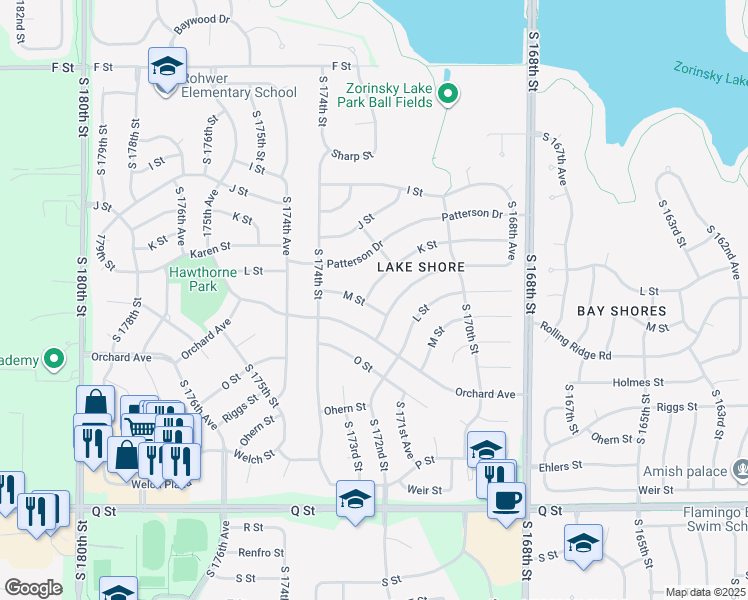 map of restaurants, bars, coffee shops, grocery stores, and more near 17230 K Street in Omaha