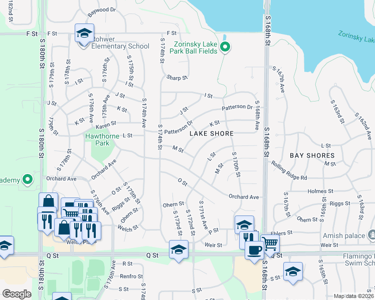 map of restaurants, bars, coffee shops, grocery stores, and more near 17230 K Street in Omaha