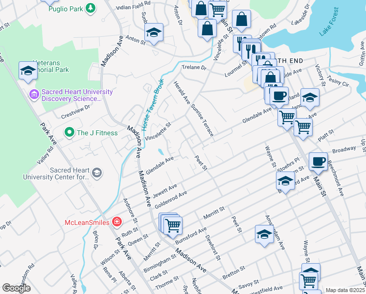 map of restaurants, bars, coffee shops, grocery stores, and more near 99 Marconi Avenue in Bridgeport