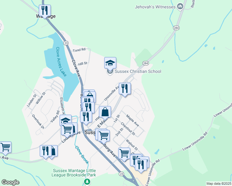 map of restaurants, bars, coffee shops, grocery stores, and more near 51 Unionville Avenue in Sussex