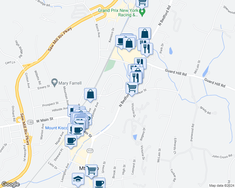 map of restaurants, bars, coffee shops, grocery stores, and more near 70 Barker Street in Mount Kisco